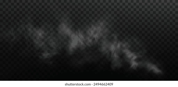 Vektorgrafik isoliert Rauch PNG. Weiße Rauchstruktur auf einem transparenten schwarzen Hintergrund. Spezialeffekt von Dampf, Rauch, Nebel, Wolken.	
