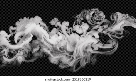 Vector isolated smoke PNG. White smoke texture on a transparent black background. Special effect of steam, smoke, fog, clouds.
