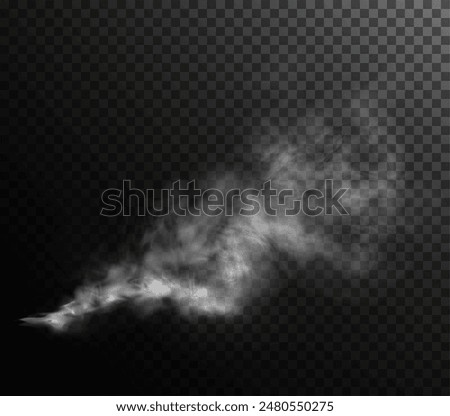 Vector isolated smoke PNG. White smoke texture on a transparent black background. Special effect of steam, smoke, fog, clouds.