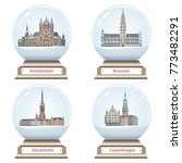 vector isolated snow globes with Amsterdam, Brussels, Stockholm and Copenhagen cities landmarks inside