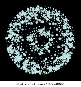 Vector isolated Snowflake confetti Circle splash on black square background. Elegant and Luxury Confetti Splash. Template for holiday designs, invitation, postcard, party, birthday, wedding, solemnity