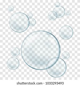 Vector isolated Soap Water bubbles and foam. Transparent Realistic Design Elements on white background.