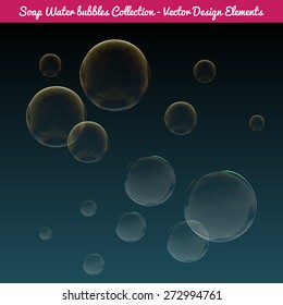 Vector isolated Soap Water bubbles. Transparent realistic Design elements to fit any background. Isolated so you can arrange your own bubble spread effect. 