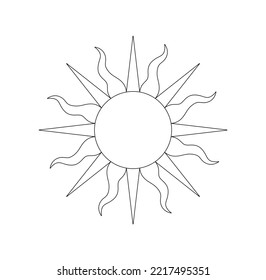 Vector isolated solar sun symbol circle with alternating straight and wavy rays colorless black and white contour line easy drawing