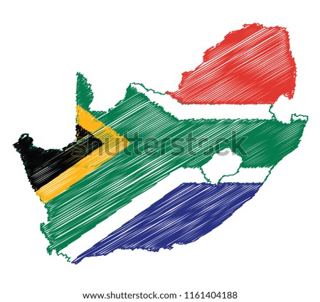 Vector of isolated South Africa map with the flag. Engraving style hatching pen pencil painting illustration concept.