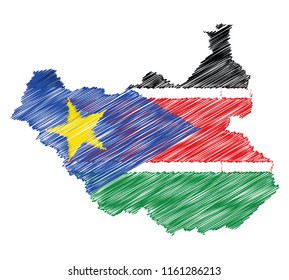 Vector of isolated South Sudan map with the flag. Engraving style hatching pen pencil painting illustration concept.