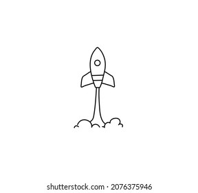 Vector Isolated Space Rocket Launch Contour Line Drawing. Colorless Black And White Space Shuttle Doodle Drawing. 