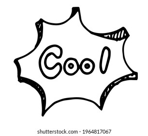 vector isolated speech bubble element in the style of a comic book with volume and the word COOL. hand drawn doodle style bubble speech black outline on white background concave line for teen design 
