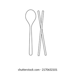Vector isolated spoon and chopsticks colorless black and white contour line symbol
