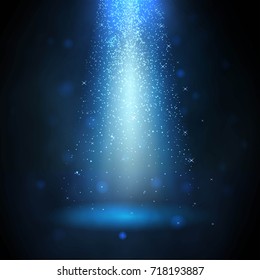 Vector isolated spotlight. Light effect. Vector blue projector. Template for your design. 
Spotlight in smoke. Brilliant light. Glitter.