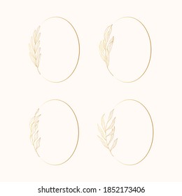 Vector isolated spring flourish borders. Golden foliage oval frames set. Floral branch gold wreaths for wedding.