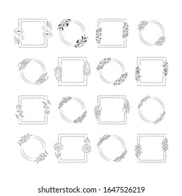 Vector isolated spring flourish round and square frames set. Floral herb borders. Rustic branch wreaths for wedding card. 