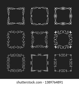 Vector isolated square calligraphic frames and fancy wedding borders. Hand drawn set of filigree design elements.