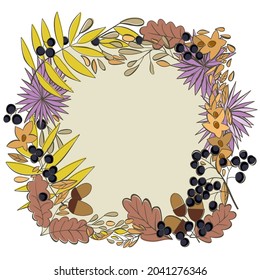Vector isolated square frame with autumn leaves, flowers and berries. Сhokeberry, oak leaves, chrysanthemums, acorns.