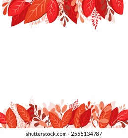 Vector isolated square frame of red dry autumn leaves. Border for text. Flat clipart for design