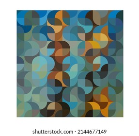 Vector isolated square graphic geometric abstraction of many quarter circle pixels in natural blue brown grey palette colors