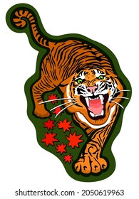 Vector isolated sticker with angry tiger, who opened his mouth, red maple leaves around, on dark green background.