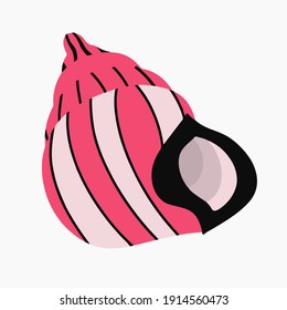 vector isolated sticker - conch shell cone shape. Clam on the seashore. Find on the beach. Hand drawn style - pink, black color. Marine life. Clip art on black background