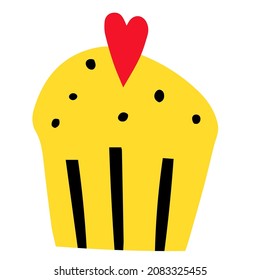 Vektor einzeln Aufkleber - kleiner Cupcake mit Herz. Geburtstagsgelber Kuchen. Muffin mit Sahne. Tattoo-Vorlage. Backen in einem Café. Flat-Logo und -Symbol