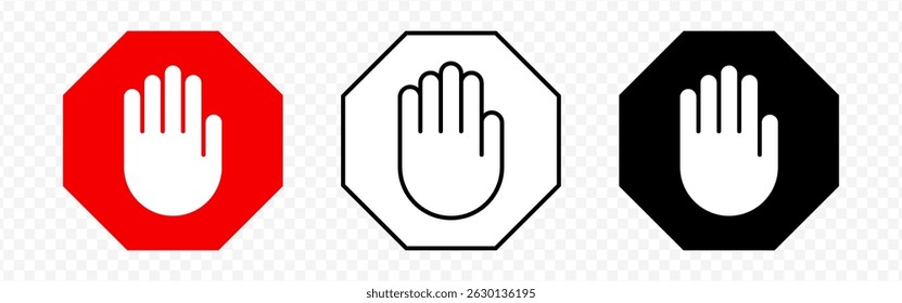 Vector isolated Stop Hand icon set in outline and fill
