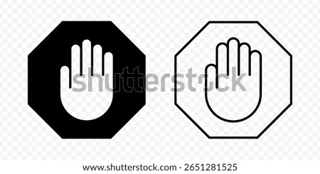 Vector isolated Stop Hand icon set in black outline and fill