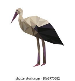 Vector isolated stork in low poly style on white background.