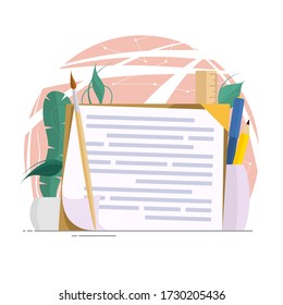 Vector isolated storyboard and stationeries for work on white background, decorative plants in pots, illustration