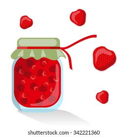 Vector isolated strawberry jam in jar and strawberries. Fruit jam. Homemade food. Sweet jam. Glass bottle with cap. Flat style vector illustration isolated on white background.
