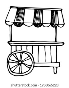 vector isolated street mobile trolley with striped canopy and wheel, hand-drawn sketch style black outline on white background for design template