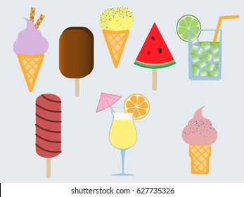 Vector isolated summer flat illustration - set with ice cream, slice of watermelon, popsicle and cocktail. Holiday background with sweets, fruits and drinks. Flat design icons collection