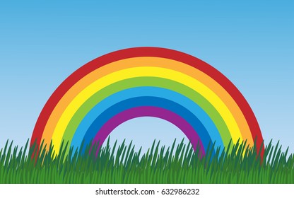 Vector isolated summer flat illustration - rainbow and horizontal seamless grass pattern on sky blue background. Happy childhood concept for kids stuff design