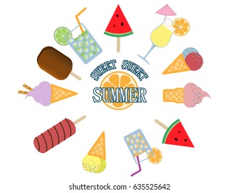 Vector isolated summer flat illustration - set with ice cream, slice of watermelon, popsicle and cocktail. Holiday background with sweets, fruits and drinks. Flat design icons collection