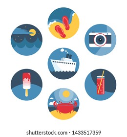 vector isolated summer icons set, flat style, beach, sea, crab, ship, ice cream, camera, travel, summer vacation, resort