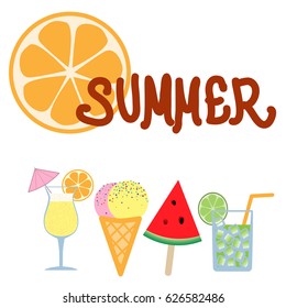 Vector isolated summer lettering icon. Illustration with ice cream cone, slice of watermelon, popsicle and cocktail. Holiday and summer vacation concept. Flat design with sweets, fruits and drinks