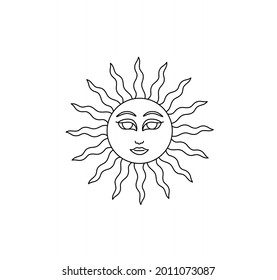 Vector isolated sun face line drawing. Fairytale sun face contour colorless outline pagan symbol