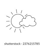 Vector isolated sun and one cloud sun behind cloud simple sticks drawing colorless black and white contour line easy drawing