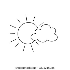 Vector isolated sun and one cloud sun behind cloud simple sticks drawing colorless black and white contour line easy drawing