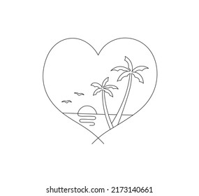 Vector isolated sun and sea and palm trees in heart shaped frame colorless black and white contour line doodle drawing