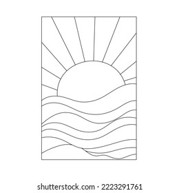 Vector isolated sun   waves simple geometric line drawing inside vertical rectangle colorless black   white contour line easy drawing