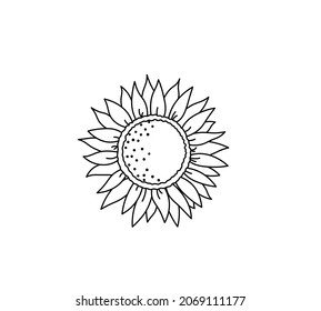 Vektor-einzelne Rundlinie für Sonnenblumen mit Rundblumen. Farblose Schwarz-Weiß-Sonnenuntergang-Samen-Skizze