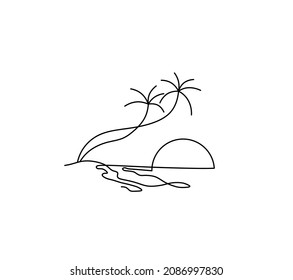 Vector isolated sunset beach landscape doodle line drawing. Drawn single line landscape sunrise beach, two palms, sea.