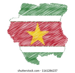 Vector of isolated Suriname map with the flag. Engraving style hatching pen pencil painting illustration concept.