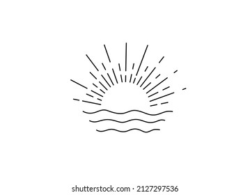 Vector isolated symbol of the sun and waves of straight and wavy lines black and white graphic icon logotype emblem