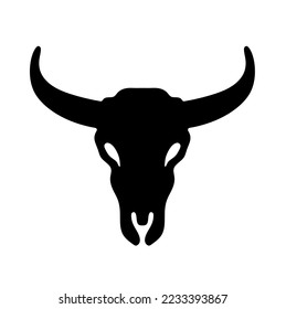 Vector isolated symmetrical bull skull head with horns front view colorless black and white outline silhouette shadow shape