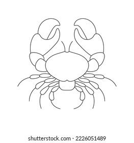 Vector isolated symmetrical crab with big claws top view cancer zodiac sign symbol colorless black and white contour thin line easy drawing