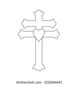 Vector isolated symmetrical gothic catholic christian orthodox  cross  with heart colorless black and white contour line easy drawing
