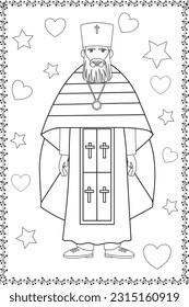 Vector isolated symmetrical gothic catholic Christian orthodox priest with heart colorless black and white Coloring book page for kids