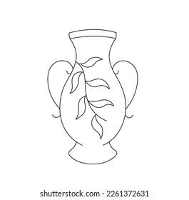 Vector isolated symmetrical vase with two handles and leaves ornament colorless black and white contour line easy drawing