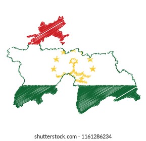 Vector of isolated Tajikistan map with the flag. Engraving style hatching pen pencil painting illustration concept.