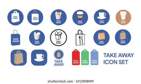 Vector Isolated Take Away Icon Set or Collection. Different Color Take Away Food Icon Set